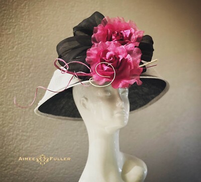 Aimee Fuller Black White Kentucky Derby Hat Pink Fuchsia Royal Ascot Hat Del Mar