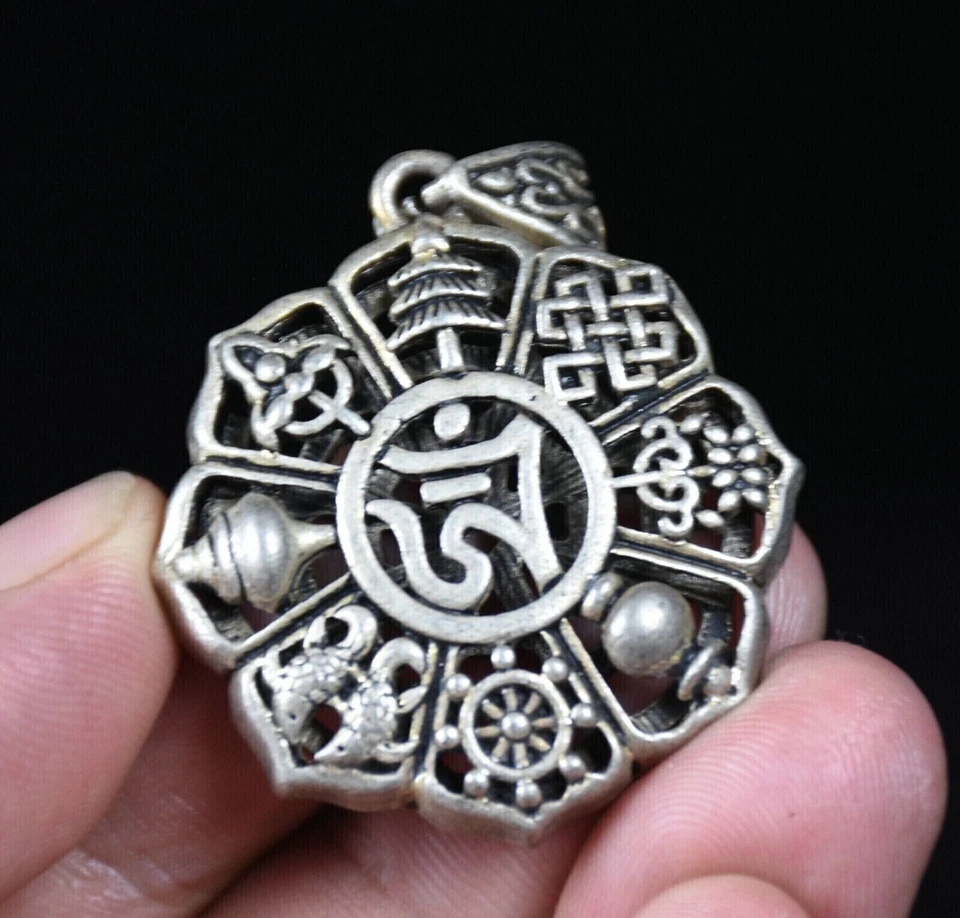 4 см редкая старый китайский мяо серебро фэн-шуй буддизм восемь сокровищ подвеска - Изображение 4 из 4