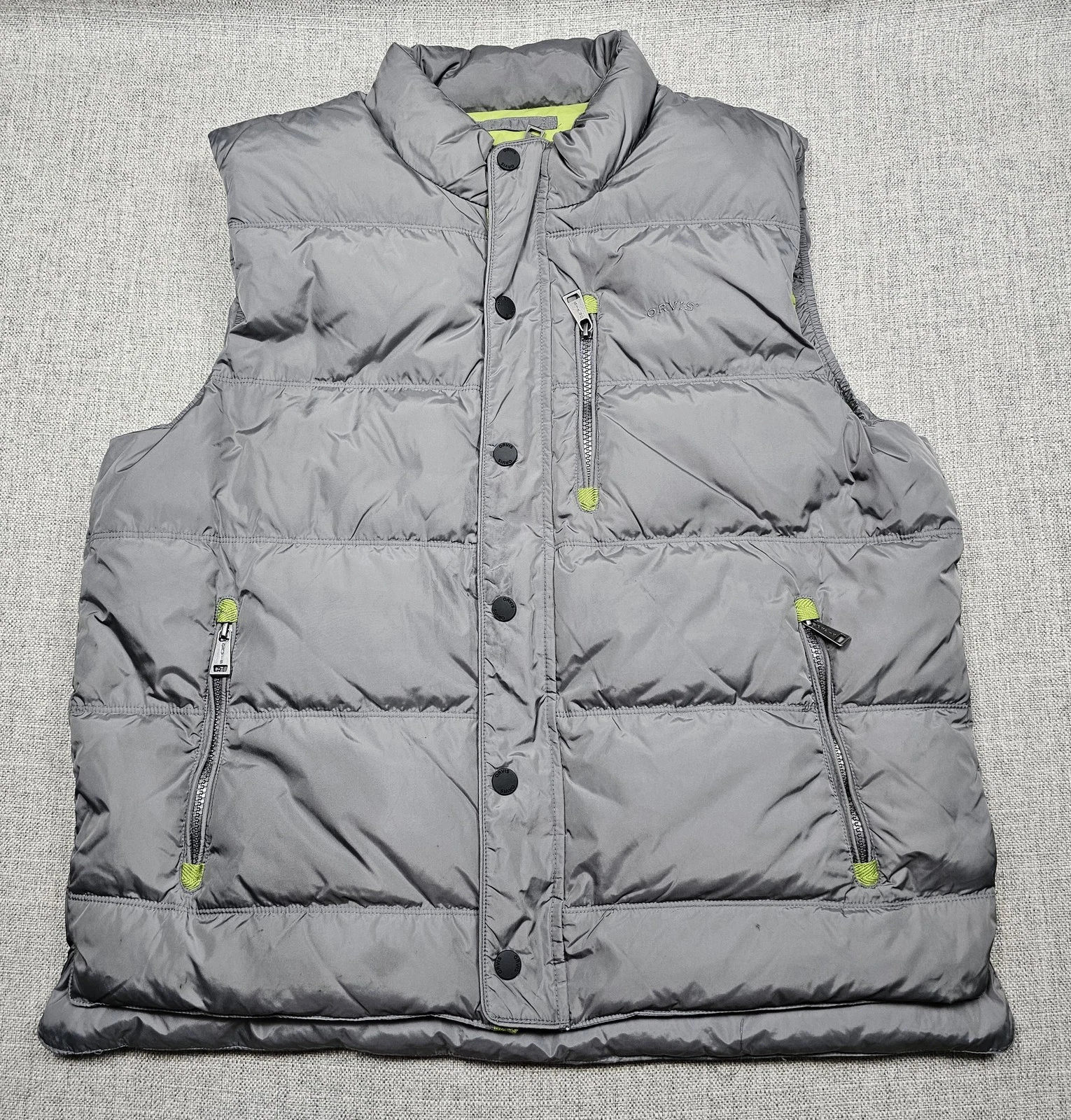 Orvis Vest Mens Large Gray Down Puffer Quilted Full Zip Outdoor Lined Warm