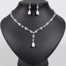 Luxury All CZ Pearl Cubic Zirconia Necklace Earrings Set Wedding Pageant Prom