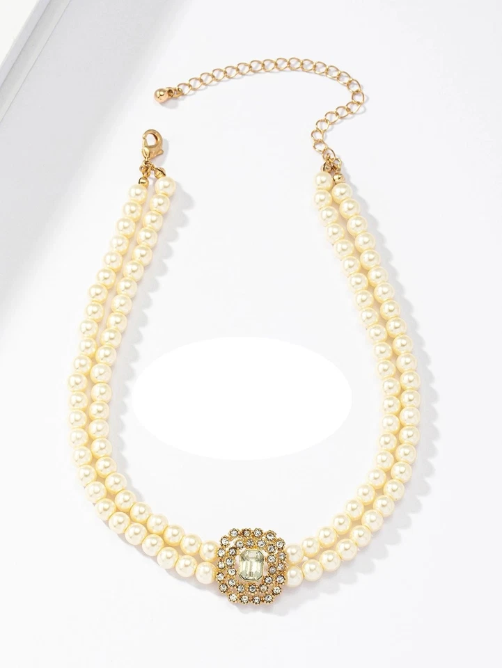 Gargantilha de fio duplo pérola falsa com strass - Imagem 3 de 4