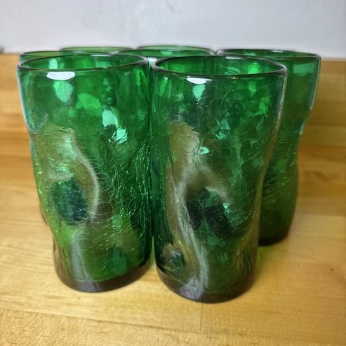Blenko Vintage Handblown Glass Pinched Dimpled Tumblers Set of 8, Green