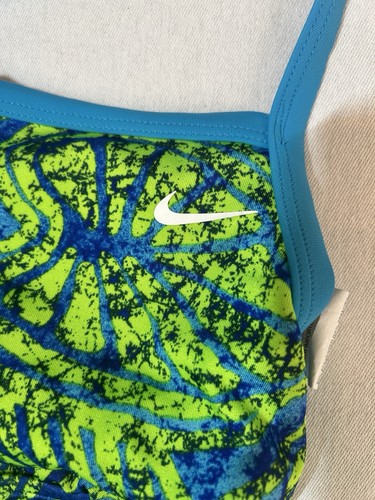 Nike One Piece Swimsuit Neon Green & Blue Print Girls Size 14 Floral Geometric - Picture 2 of 11