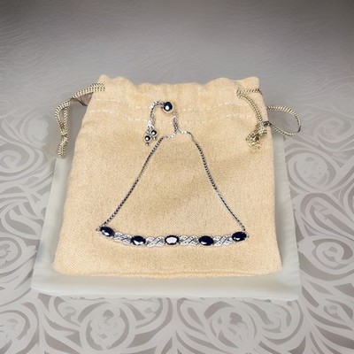 925 Sterling Silver Natural Black Sapphire Bracelet w/ Soft Velvet Bag