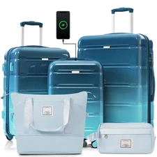 Luggage Sets 5 Piece, 20-inch with USB Port, ABS Durable Suitcase with Travel Ba