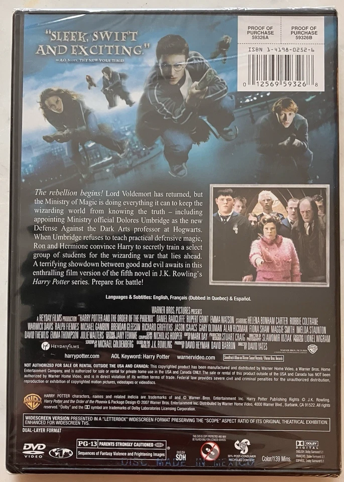 Harry Potter and the Order of the Phoenix (Widescreen Edition) DVD New Sealed - Image 2 of 2