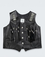 Vintage Western Fringe Leather Vest Buffalo Nickel Beaded Black USA 10