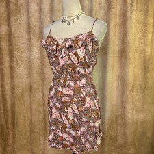 Vintage Y2K Paisley Mini Dress Ruffled Neck Multicolor Sleeveless Summer Boho
