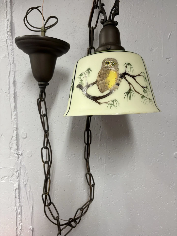 Cadena antigua, luz colgante colgada - con mano, obra de arte de búho pintada  Foto 2 de 4