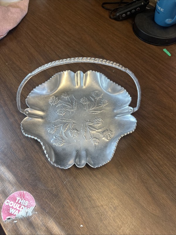 Vintage Aluminum Basket With Handle And Rose Design
