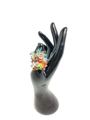 Vintage Multi Color Cluster Beads Adjustable Silver Tone Band Chunky Ring 