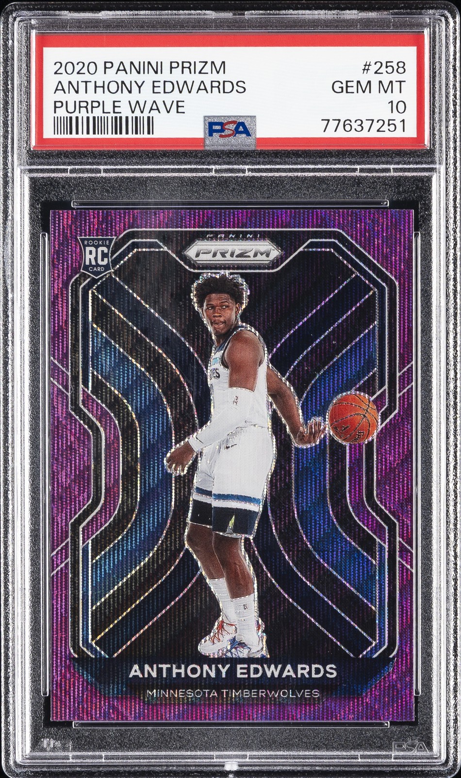 2020 PANINI PRIZM PURPLE WAVE #258 ANTHONY EDWARDS ROOKIE RC PSA 10