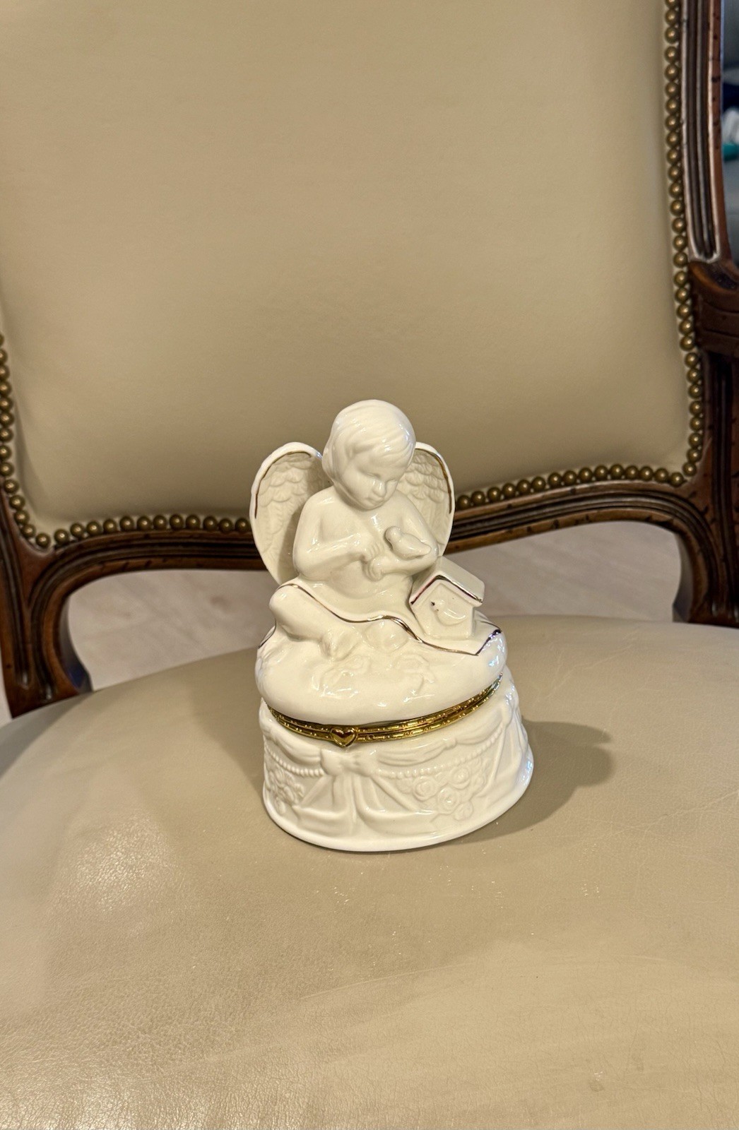 Vintage Porcelain Angel Trinket Box with Bird & Birdhouse, White & Gold, 6”