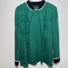 Ming Wang Women Jacquard Cardigan Knit Sweater L Green Black Old Money Office