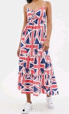 UNION JACK STRAPPY TIERED MIDI MAXI SUN DRESS Size 14 HOLIDAY / FESTIVAL
