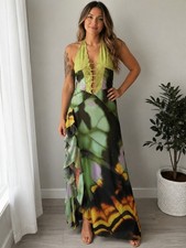 Fashion Nova Green Floral Halter High Low Maxi Dress Lace Open Back Mesh Size M