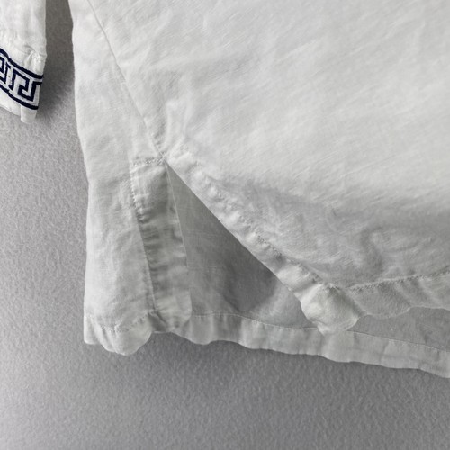 KENAR Top L Linen Cotton Embroidered Greek Key 3/4 Sleeve Split Neck Boho White - Picture 6 of 11