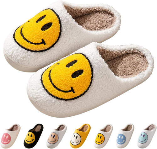 Smile Face Slippers for Women, Soft Plush Smile Slippers Retro Preppy Slippers w