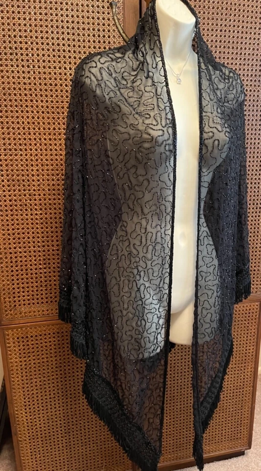 Женская винтажная черная шаль из бисера SCALA 1980-е - Изображение 3 из 4