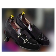 Handmade Men's Apron Toe Double Monk Black Velvet & Leather Loafer Shoes, Sale !