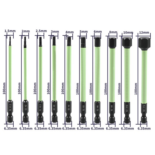 1/4" Hex Allen Wrench Drill Bit Set S2 Steel 10Pcs 1.5-12mm Magnetic Long 100mm - Picture 7 of 15