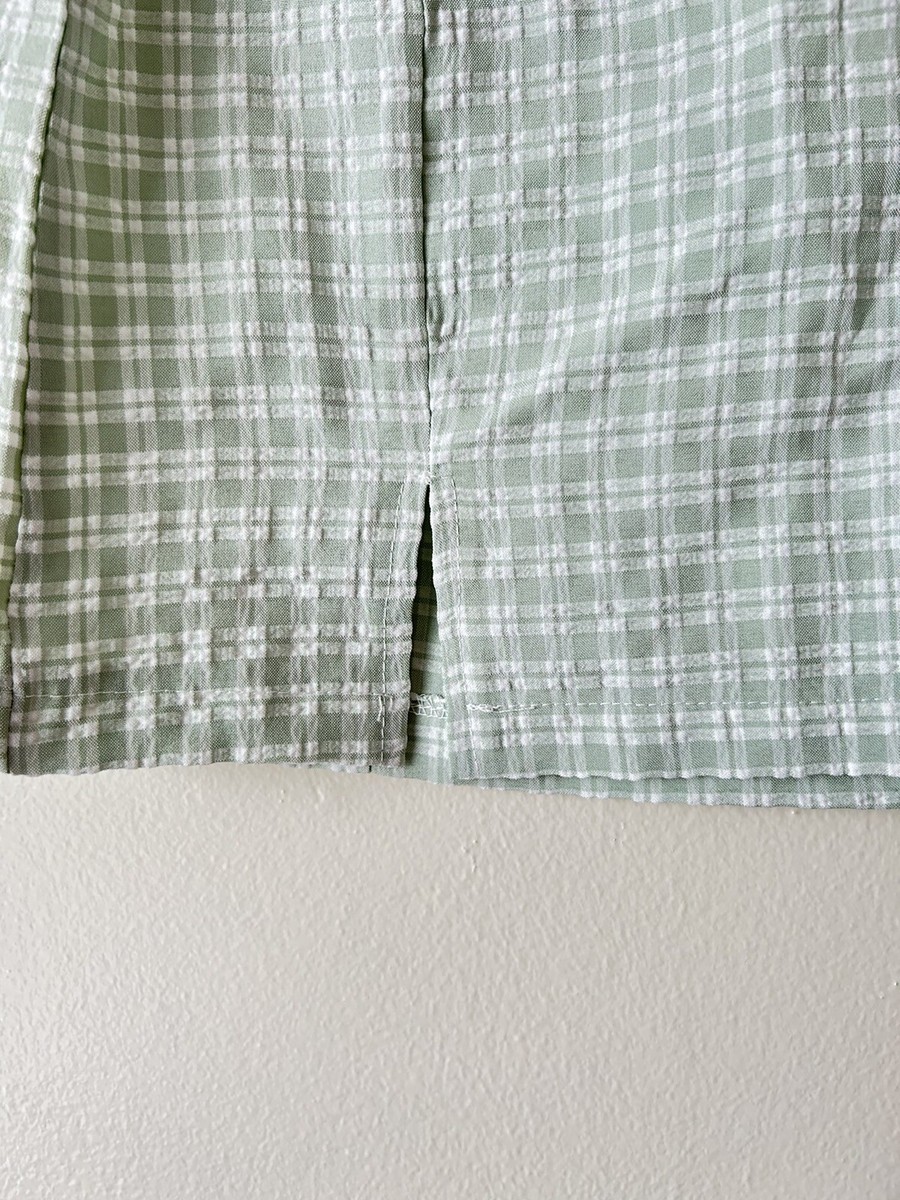 New XS Jade Green & White Gingham Checkered Mini Skirt Thigh Slits