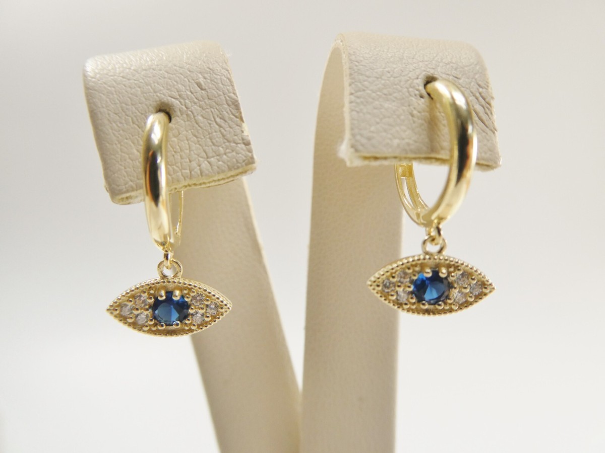 10K REAL SOLID YELLOW GOLD SAPPHIRE EVIL EYE DROPPING HOOP  display picture 1