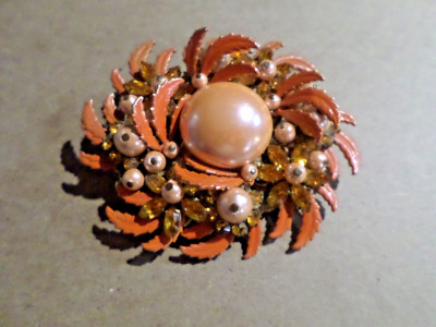 VINTAGE ALICE CAVINESS BROOCH -PINK/CORAL HUE IN COLOR, FAUX PEARLS, RHINESTONES
