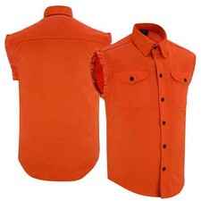 Men Orange Denim Sleeveless Vest Shirt Button Down Cotton Summer Shirt Tank Top