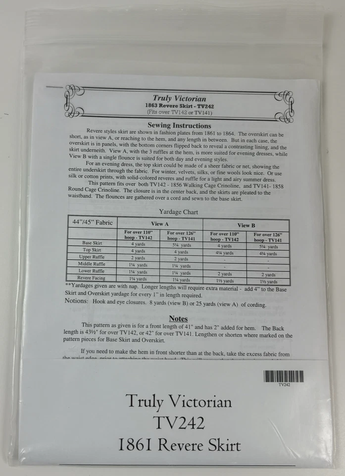 TV242 Truly Victorian 1861 Revere Skirt Sew Pattern One Sz Fits All NIP Hoop Era - Image 2 of 4