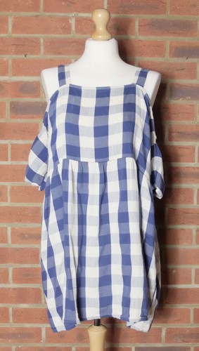 Topshop Tall Blue Gingham Check Mini Smock Dress UK 10 Cold Shoulder - Picture 2 of 12
