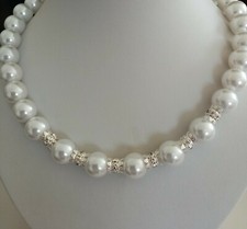 Schmuck Halskette Collier XXL Perlen weiss mit 6 Kristall Perlen  52 cm