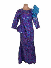 Vintage 80s Sequin Long Sleeve Floral Puffy Prom Evening Dress Mermaid M/L