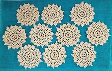 10 Crochet Cream Raised 3D Floral Doilies 4" Doily Lot Scalloped Edge