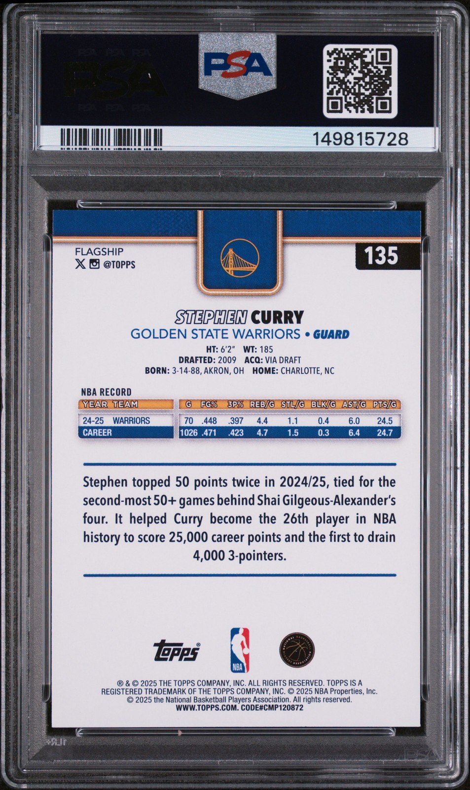 2025 TOPPS BLUE RAINBOW #135 STEPHEN CURRY 97/150 PSA 9 view 2