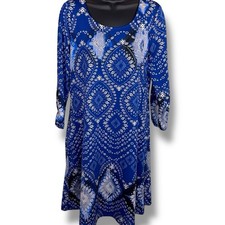 Medium AB Studio Blue White Boho Dress Stretch Bohemian Geometric Print Tunic