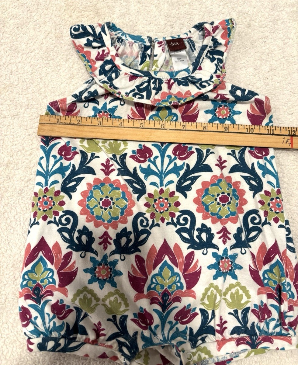 Tea Collection Flower Romper Teal Maroon Ivory Green Size 6-12 Months View 6