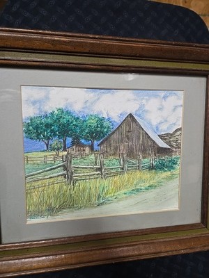 Vtg Art Picture Colored Pencil Drawing Wood Framed Signed 14''x16Farmhouse Rustic