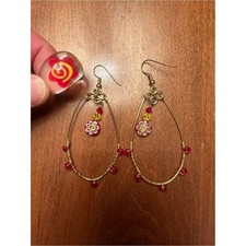 Handmade Floral Hoop Earrings and Matching Red Flower Ring Set Size 7