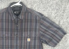 Men  s Relaxed Fit Carhartt Plaid Button Up Short Sleeve Medium Shirt Rugged Flex