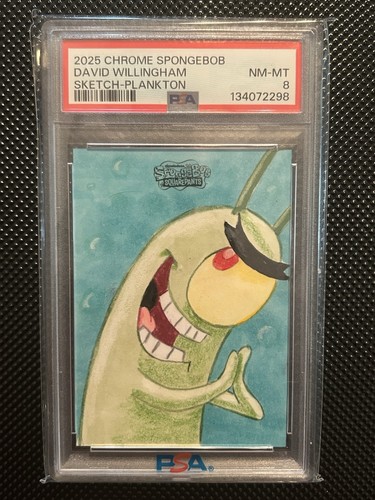 2025 Topps Chrome SpongeBob Plankton Sketch Card 1/1 David Willingham PSA 8 Auto