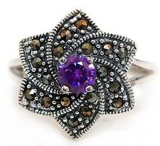 2CT Amethyst Swiss Marcasite 925 Solid Sterling Silver Ring Sz 6,7,8,9 ZB8