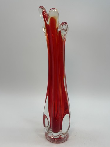 Vintage 6 Finger gerippte geschwungene Vase rot ummantelt 10 Zoll - Bild 3 von 12