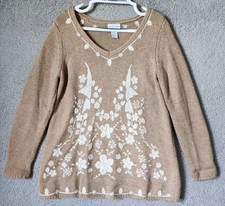 Soft Surroundings Women's M L/S Knit Sweater Embroidered Floral Boho Beige/White