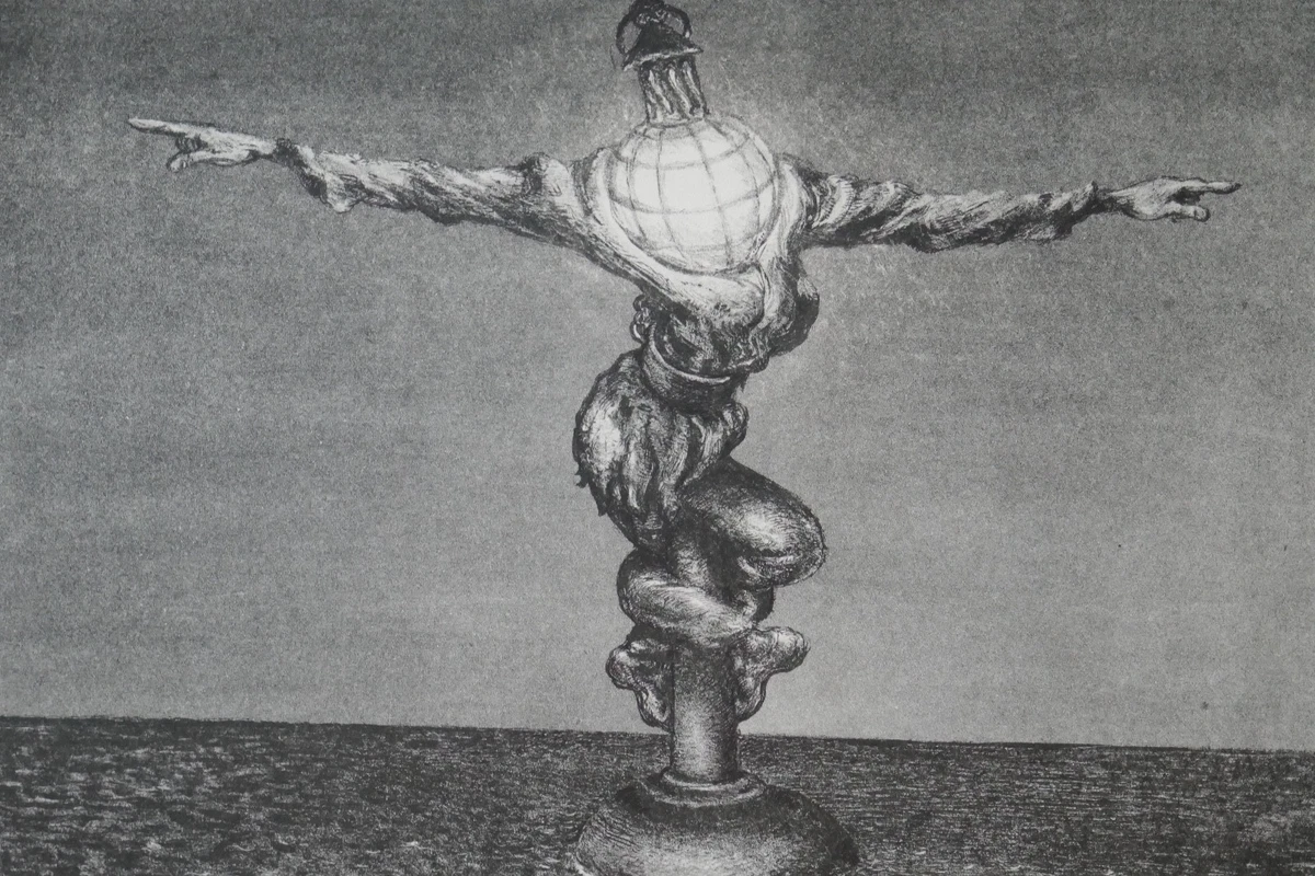 A. Paul Weber, Original Lithographie, signiert, Der Wegweiser