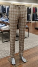 Men's Pants Flat Front ,Modern Fit ,Plaid Tan Brown Grey Art.310