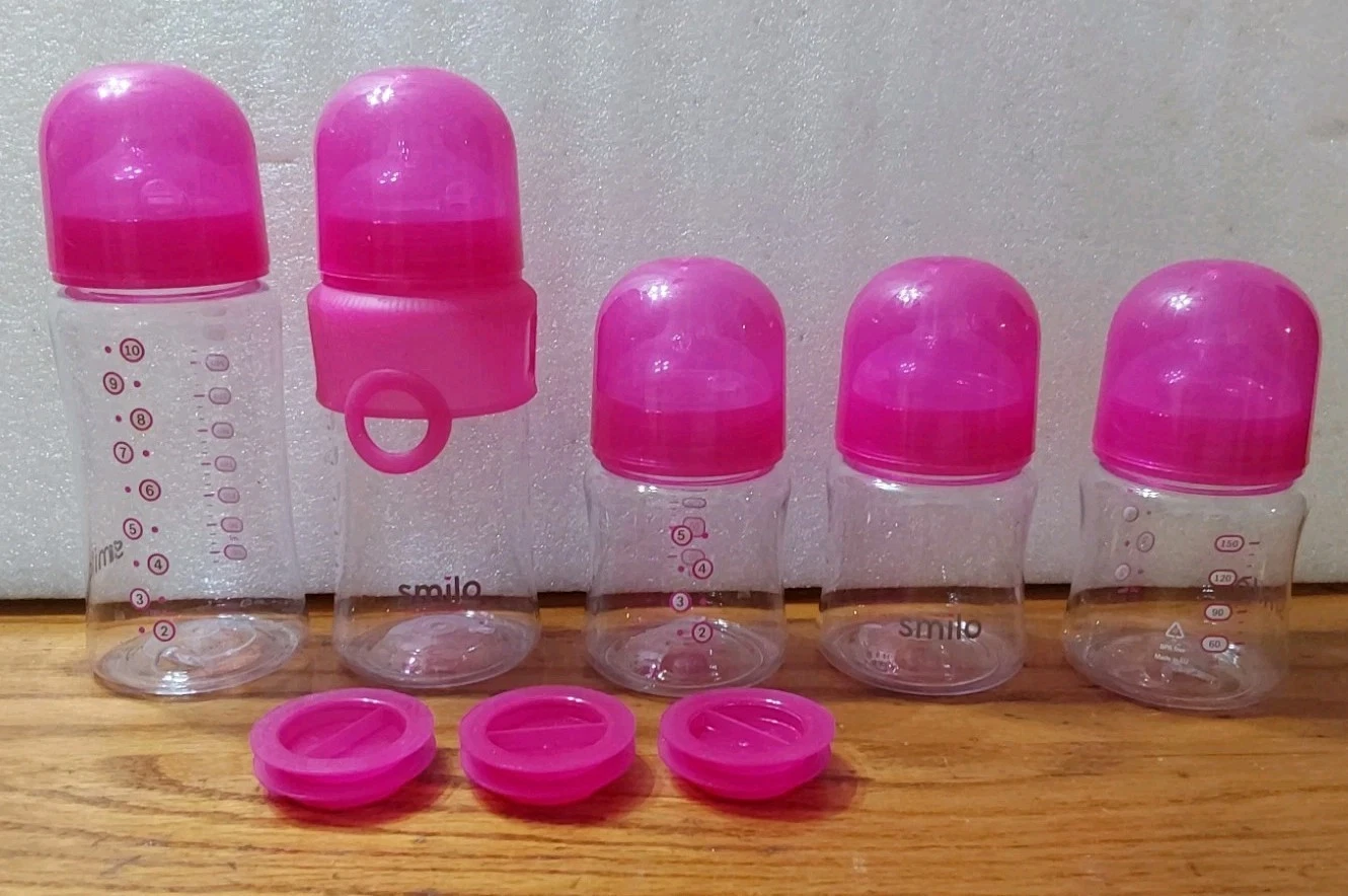 Smilo Baby Bottle Feeding Set Pink 2x 10oz 3x 5oz Nipples Lids Stoppers