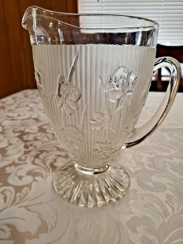 Vintage Pitcher Jeannette Glass Iris & Herringbone Clear Depression Glass 8.5”