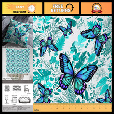 Watercolor Butterfly Fabric by the Yard - Teal Blue Botanical Leaves, Soft Polye