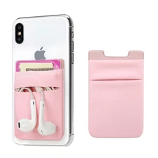 Two Pockets Adhesive Cell Phone Credit Card Holder Wallet Stick On Elastic Pink